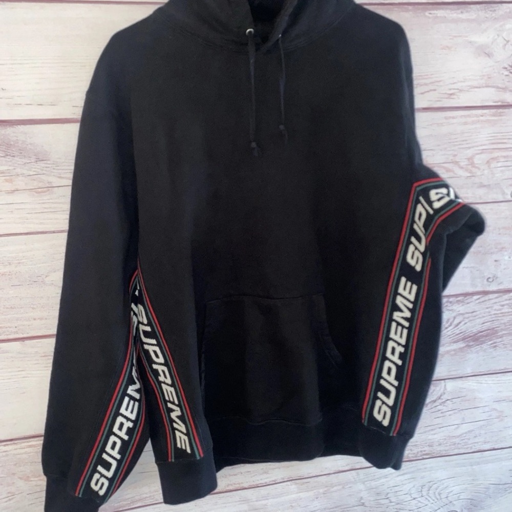 Supreme Black Hoodie Sleeve Logo Stripe Large Streetwear Pullover - Picture 5 of 12